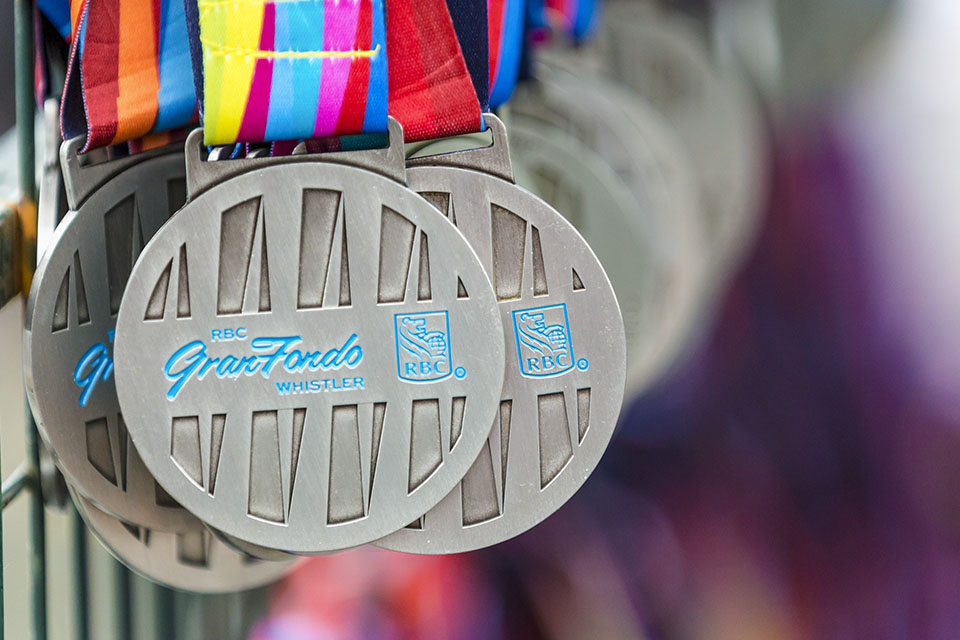 Medals hang at RBC GranFondo Whistler waiting for victorious riders