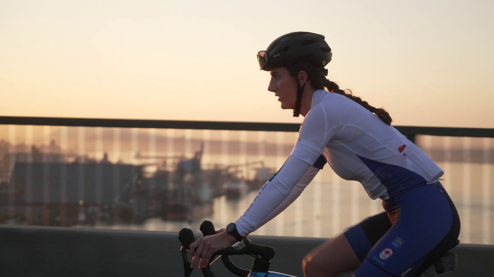 Jennifer Hawkrigg riding the Lions Gate Bridge